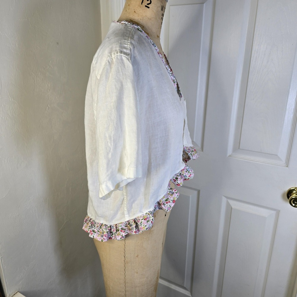 Upcycled off white womens cottagecore Linen floral ruffle. ‎ oversized S-M - Picture 4 of 7